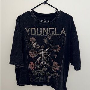 YoungLA Black Tee with Floral Skeleton Graphic
